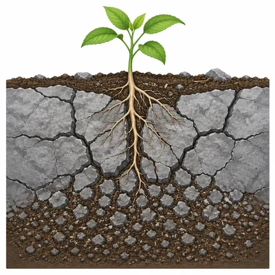 Plant roots growing into rock cracks and helping break rock into soil material.