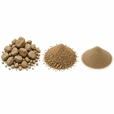 Three piles of soil particles showing large, medium, and very fine particle sizes.
