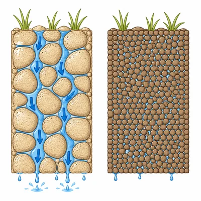 Sandy soil draining water quickly compared with clay soil holding water in tiny spaces.
