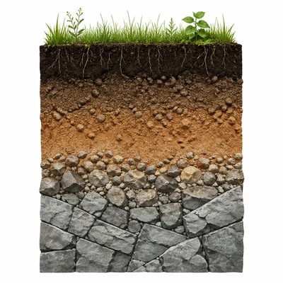 Soil profile showing layers above weathered rock and bedrock parent material.