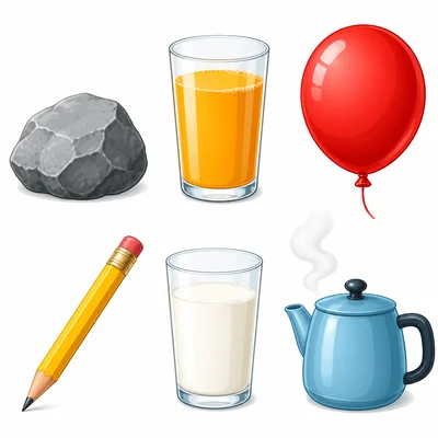 A rock, orange juice, a balloon, a pencil, milk, and steam.