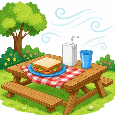 A picnic table with a sandwich, juice box, plastic cup, and air around it.