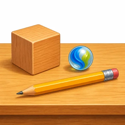 Solid objects including a block, marble, and pencil.