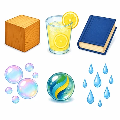 A wooden block, lemonade, a book, soap bubbles, a marble, and rain.