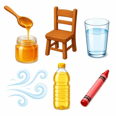 Honey, a chair, water, air swirls, cooking oil, and a crayon.