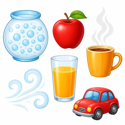 Oxygen gas, an apple, steam, juice, air, and a toy car.