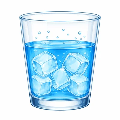 A glass with water, ice cubes, and tiny bubbles.