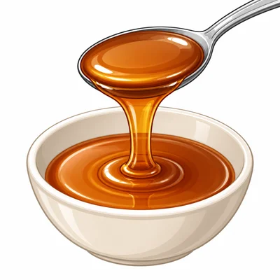 Thick syrup pouring from a spoon into a bowl.
