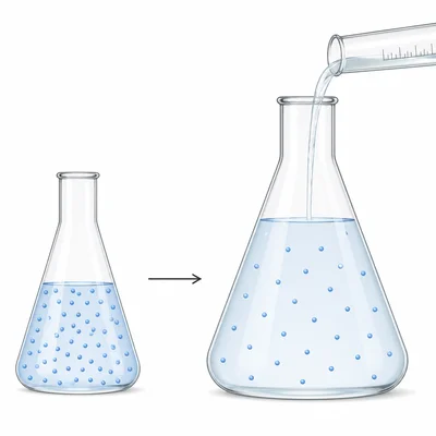 A sodium chloride solution is diluted by adding water to a larger final volume.