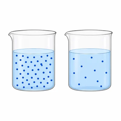 Two equal-volume solutions shown with different densities of dissolved particles.