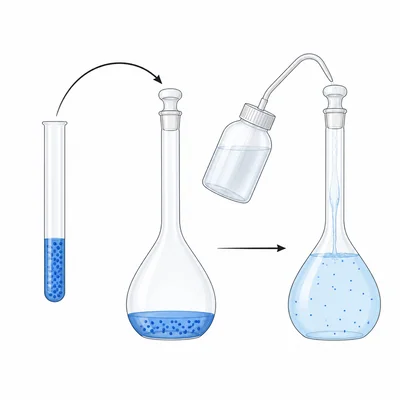 A concentrated solution is transferred into a larger flask and diluted with water.