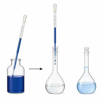 A pipette transfers concentrated solution into a volumetric flask to make a diluted solution.