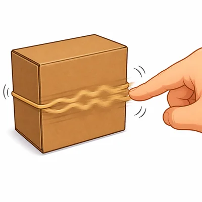 A rubber band stretched around a box is being plucked and vibrating.