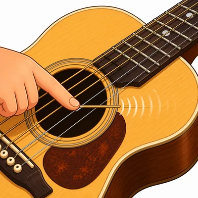 A finger touches a guitar string, stopping its vibration.