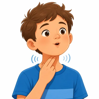 A child feels their throat while humming, with vibration lines near the throat.
