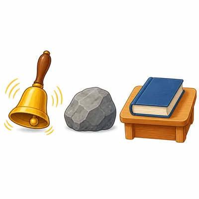 A ringing bell, a still rock, and a closed book are shown side by side.