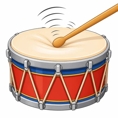 A drumstick hits a drumhead, which is shown vibrating.