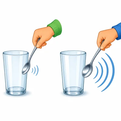 A spoon taps a glass gently and harder, shown with small and large sound waves.