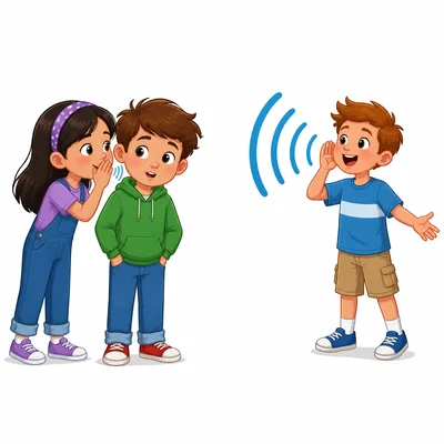 One child whispers with small sound waves while another shouts with larger sound waves.