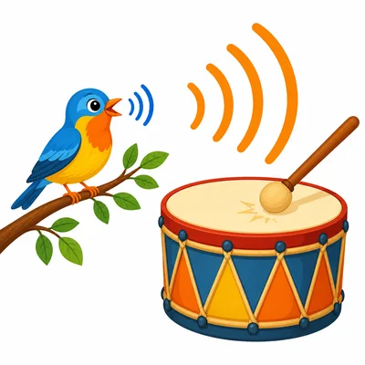 A small bird chirps near a large drum that makes a low boom.