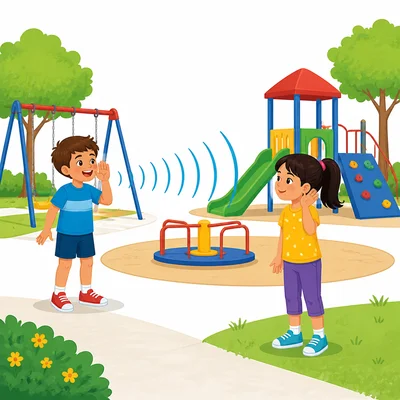 Sound waves travel through air from one child to another on a playground.