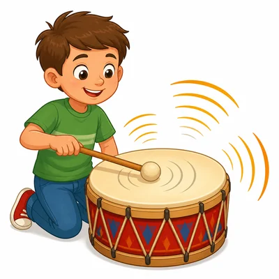 A child hits a drum, and the drumhead vibrates with sound waves.
