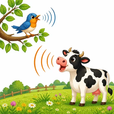 A bird makes close sound waves, and a cow makes wider sound waves.