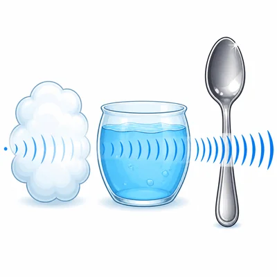 Sound waves travel through air, water, and a metal spoon.