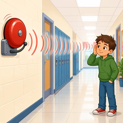 Sound waves travel through air from a school bell to a child’s ear.