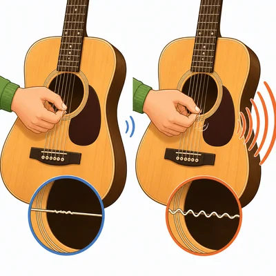 A guitar string is plucked softly and then harder, making larger sound waves.