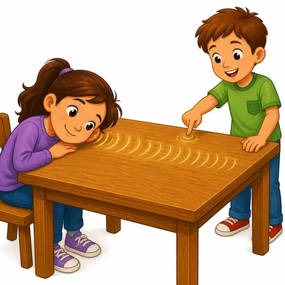A child hears tapping through a wooden table.