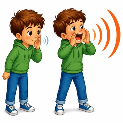 A child whispers with small sound waves and shouts with large sound waves.