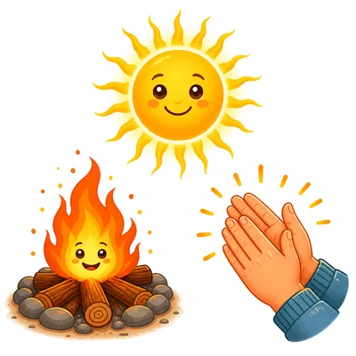 Three heat sources: the Sun, a campfire, and hands rubbing together.