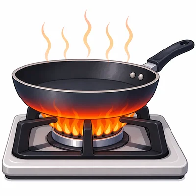 A stove flame heats a pan.