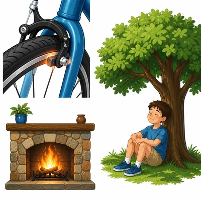 Bike brakes, sitting in shade, and a fireplace show different activities.