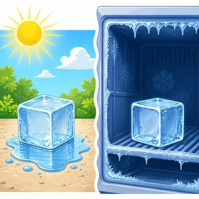 Ice melts in sunlight but stays frozen in a dark freezer.