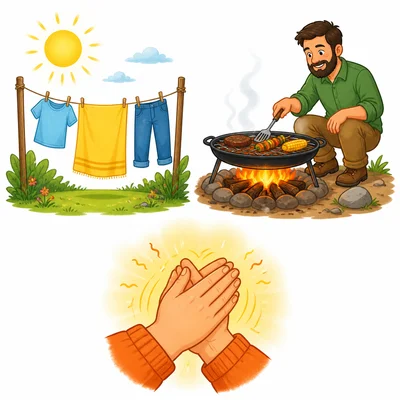 Safe examples of heat from the Sun, fire, and friction.