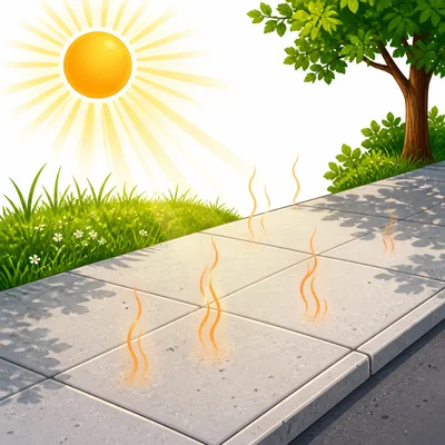 The Sun shines on a sidewalk, making it warm.