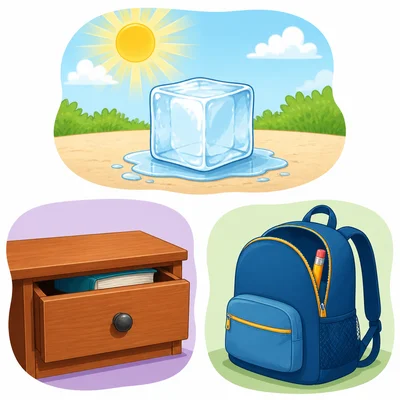 An ice cube in the Sun, a book in a drawer, and a pencil in a backpack.