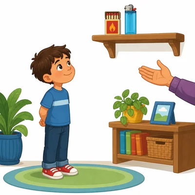 Matches and a lighter are kept out of reach of a child for safety.