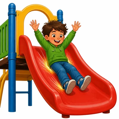 A child sliding down a plastic slide creates friction.