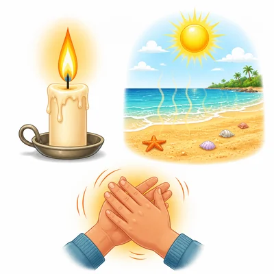 Examples of heat from a candle flame, sunny sand, and rubbing hands.