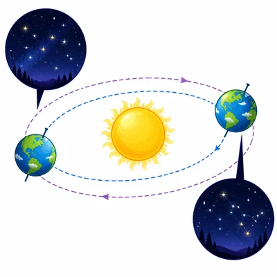 Earth in different positions around the sun shows different night sky patterns.