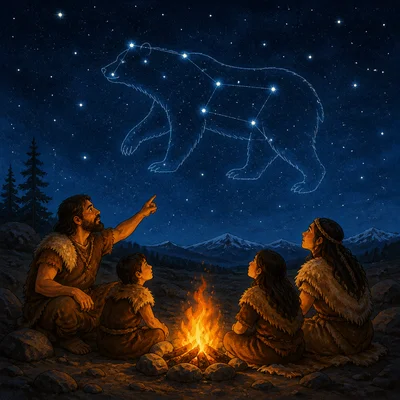 People around a campfire look up at a constellation with an imagined animal outline.