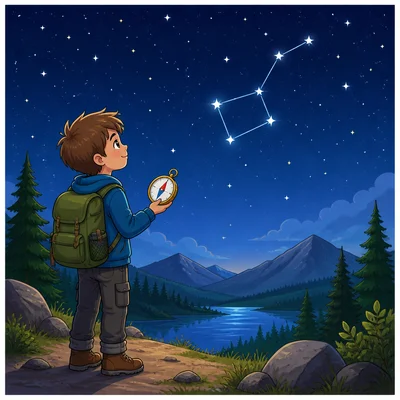 A child uses a compass while looking for a constellation in the night sky.