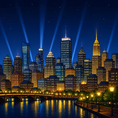 Bright city lights make only a few stars visible in the night sky.