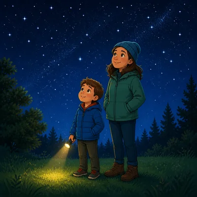 A child observes stars safely with an adult and a flashlight.