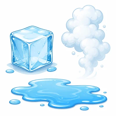 An ice cube, a puddle of water, and a cloud of steam.