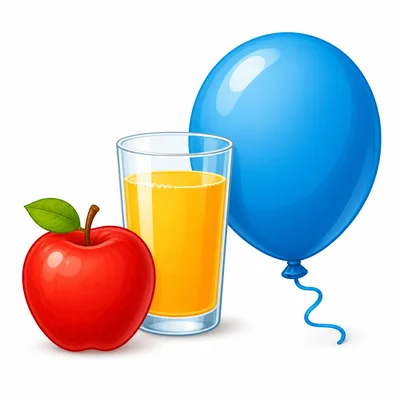 An apple, a glass of juice, and an inflated balloon.
