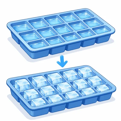 Water in a tray turns into ice cubes.